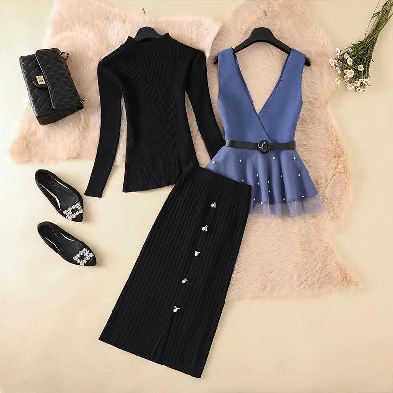

Women 2022 Spring Autumn New Knit 3 Pieces Sets Female Long Sleeve Sweater+Vest And High Waist Pencil Skirt Suit Outfits E360