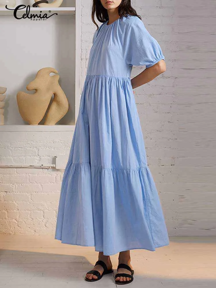 

Celmia Casual Loose Tiered Dresses Women 2023 Summer Elegant Puff Sleeve O-neck Ruched Long Robes Fashion Short Sleeve Day Dress