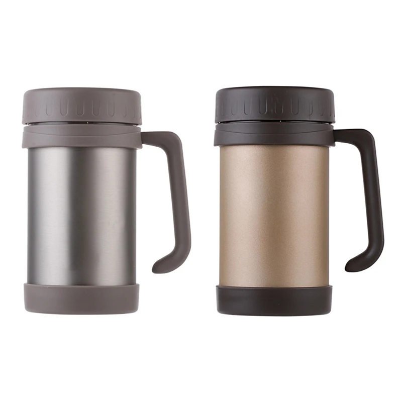 

2 Pcs 500Ml/17Oz Thermo Mug Stainless Steel Vacuum Flasks With Handle Thermo Cup Office Thermoses For Tea Insulated Cup, Gold &