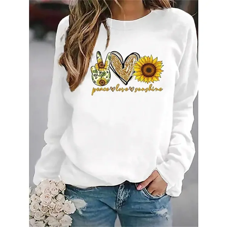 

[New In] Women's sunflower Theme Abstract Painting T shirt Floral 3d Print Round Neck Basic Vintage Top white
