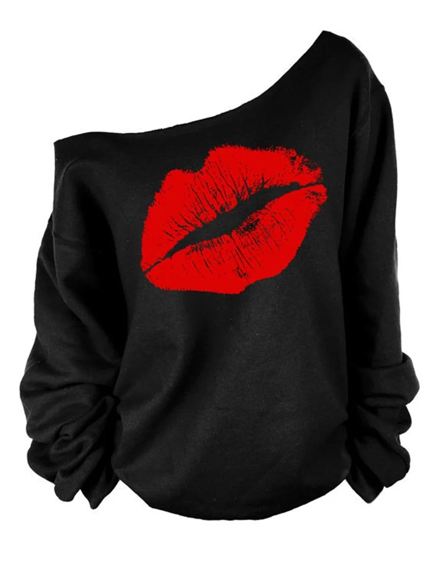 

One shoulder Hoodies Winter Women Printed Big lips Fashion Thick Hoodie Pullover Sweatshirt Couple Women Cheap Loose Clothing