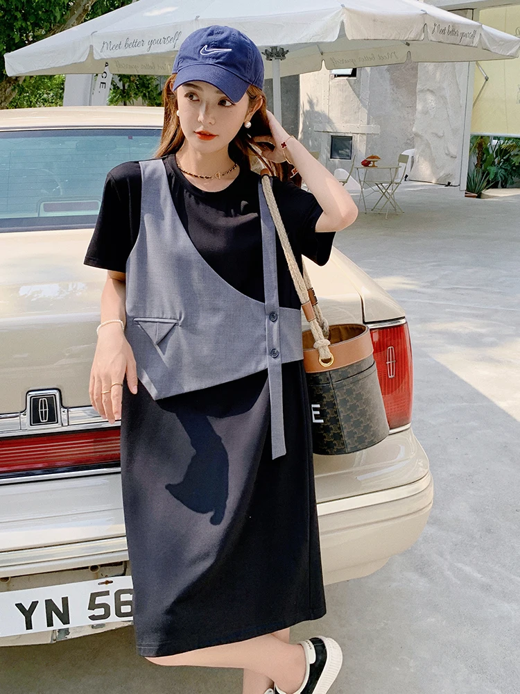 

Senior Fake Two-piece Black Dress Summer Female 2022 New Korean Version Loose M-3XL Plus Size Personality Stitching Women Skirt