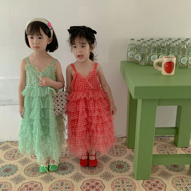 

Baby Girls summer little plaid cake dress 1-6 years Kids cute mesh sling princess dresses Holiday style clothes