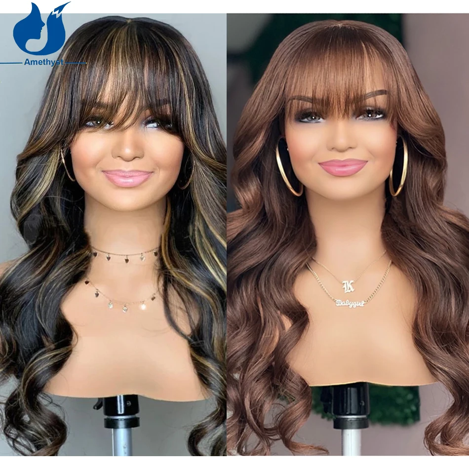 

Аметист медовый блонд хайлайтер Кружева передние парики с челкой 13X4 свободные волнистые передние человеческие волосы парик коричневые пре...