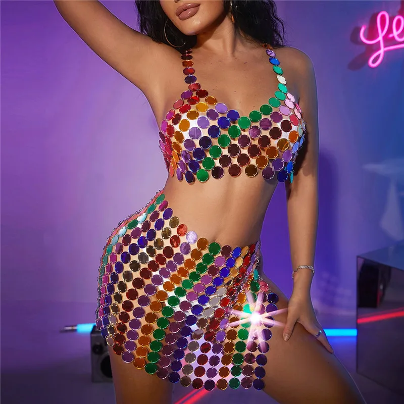 

Sexy See through Metal Sequin Summer Tank Top Women 2023 Backless Club Beach Party Camisole Glitter Bodycon Mini Skirt Sets