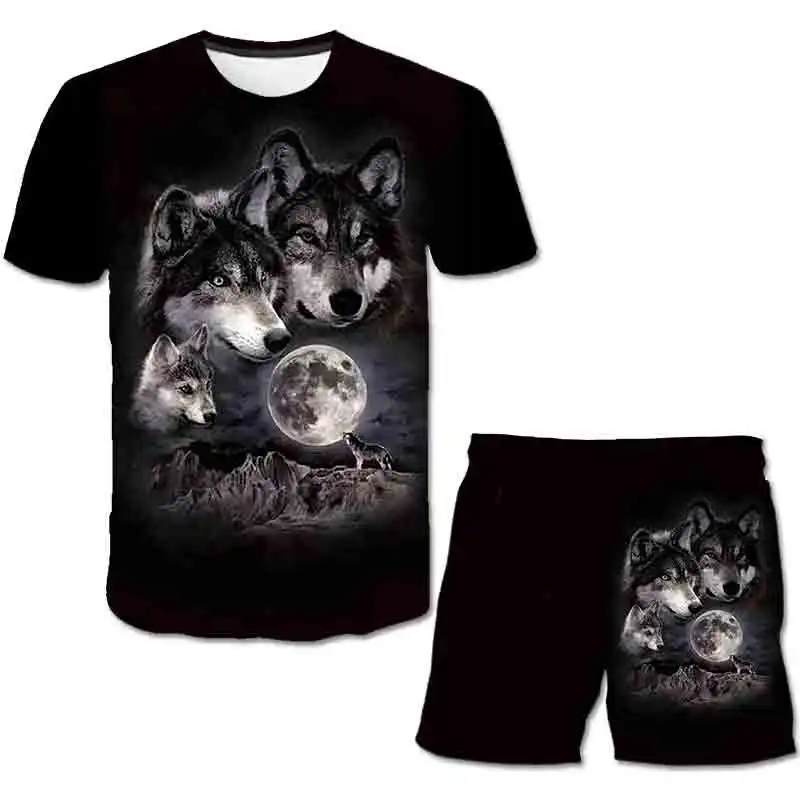 

Summer Children Wolf T Shirts Shorts Suits Boys Girls Cartoon Short Sleeves Tops + Elastic Waist Trousers 2PCS Clothing Outfits