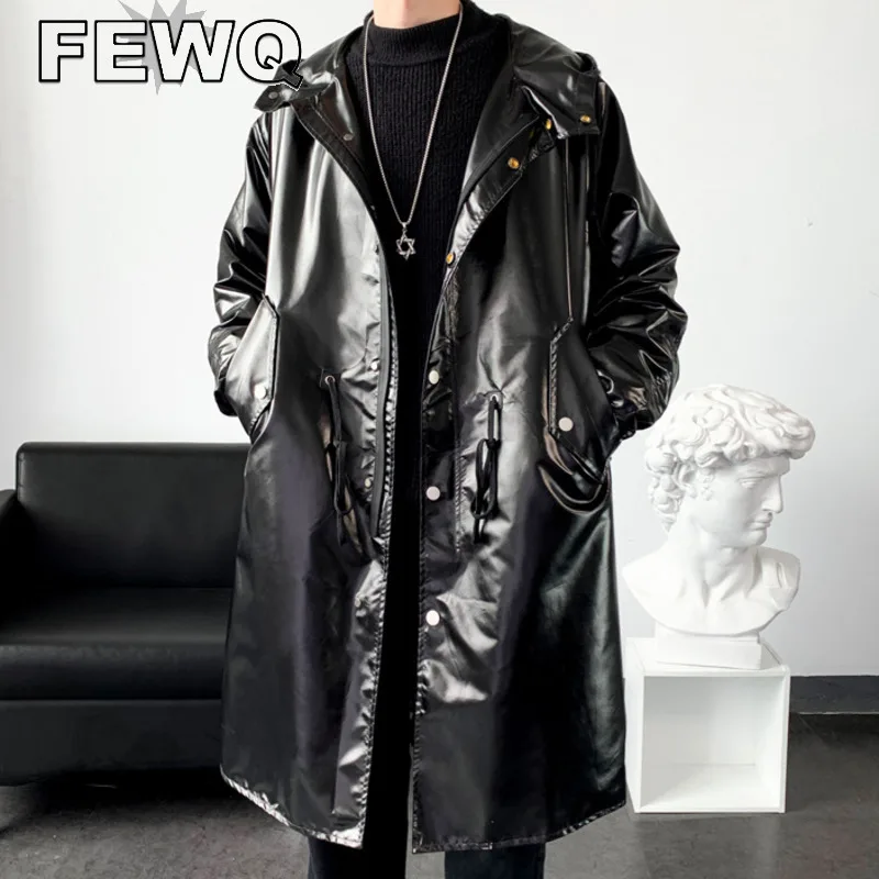 

FEWQ Autumn Men's Fashion Hooded Trench Medium Long Bright Windbreaker Coat 2023 New With Hat Long Sleeve Male Trendy Top 9A4524