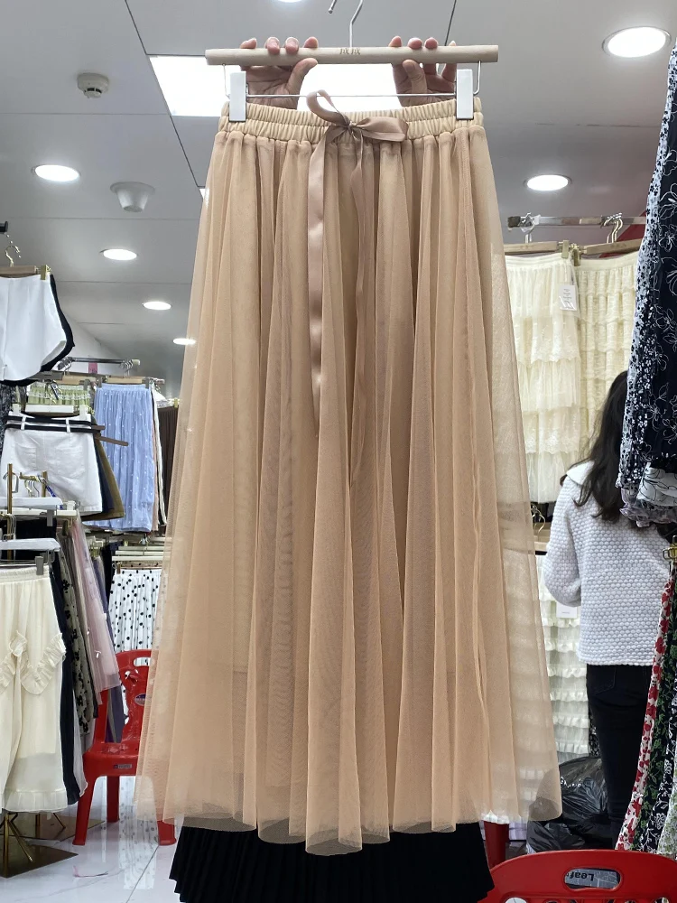 

Korean Fashion Mesh Pleated Skirt for Women High-Waisted Mid-Length Mid-Calf Skirts Girls All-Match Skirts Casual Dropshipping