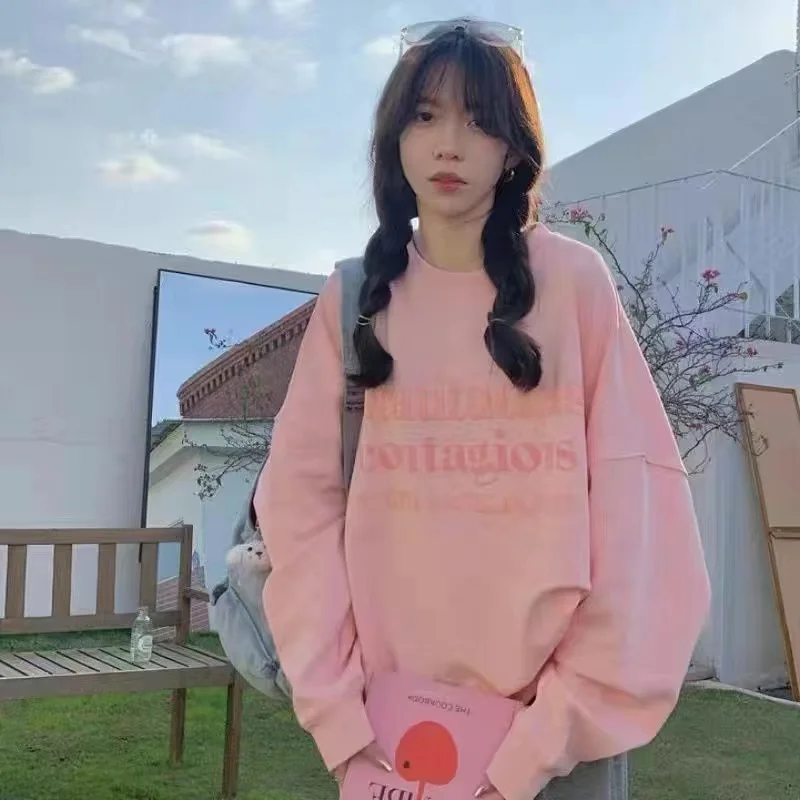 

2023 Solid Round Neck Long Sleeve Sweater for Women Spring and Autumn Thin Loose and Lazy Style Retro Letter Print Top