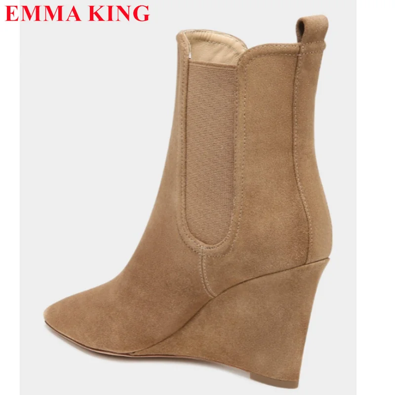 Женские Модные ботильоны на танкетке с острым носком зимние женские короткие