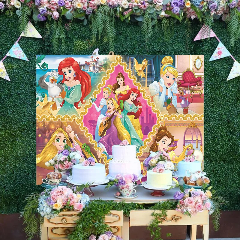 

Custom Cute Disney Backdrop Princess Cartoon Tangled Rapunzel Beauty And The Beast Belle Cinderella Birthday Party Background