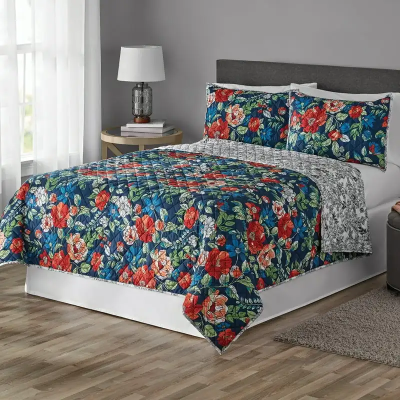 

Red/Blue Floral Polyester Quilt, Full/Queen, Reversible Quilt blanket Double bed comforter Summer cool quilt pcs set Summer qui