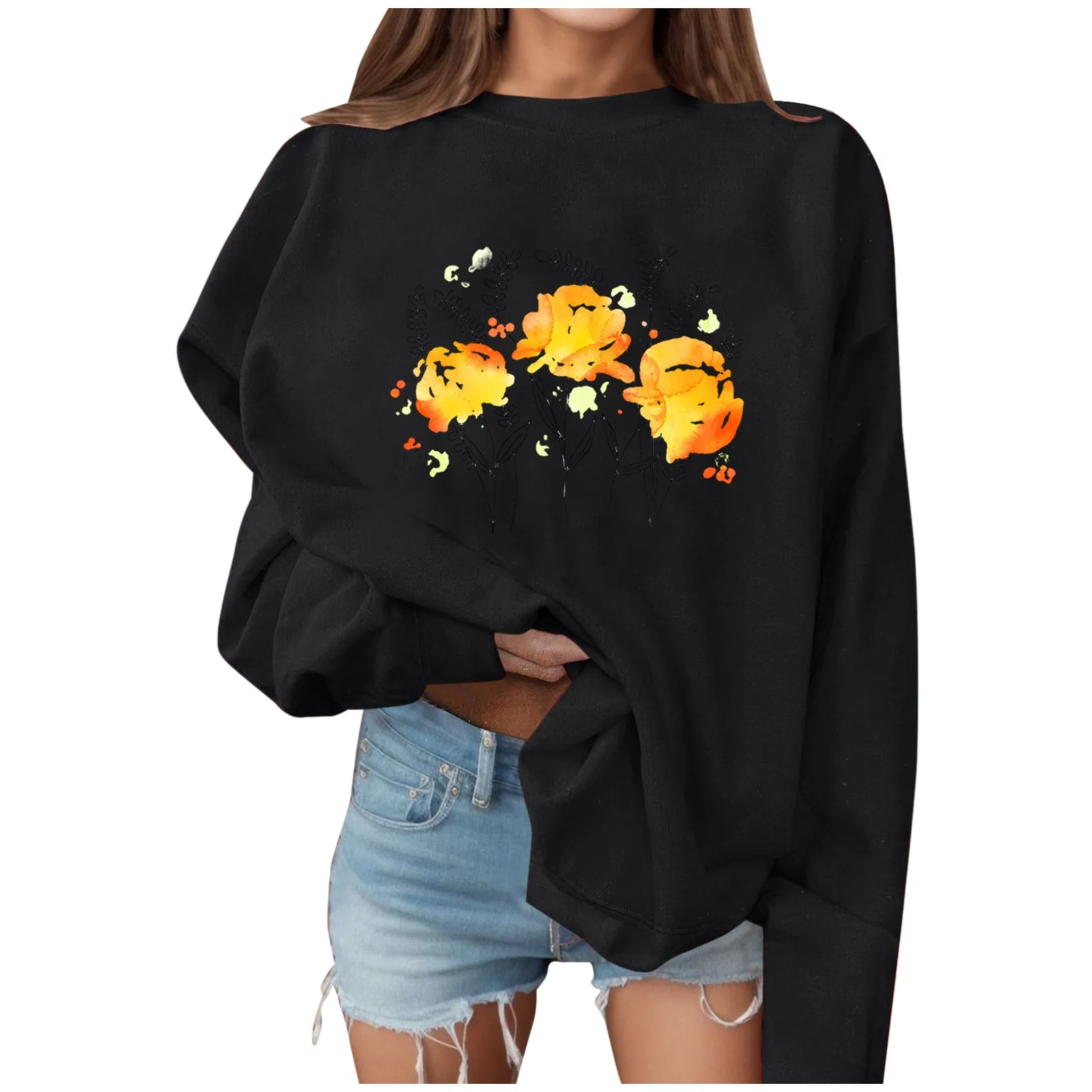 

Женский пуловер с длинным рукавом, с цветочным принтом