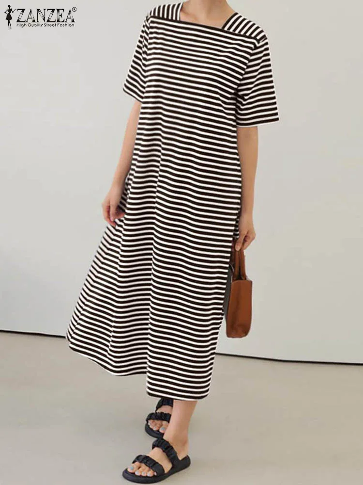 

Повседневное длинное платье ZANZEA с квадратным вырезом, модное Полосатое платье миди с панелью, женские праздничные свободные платья, свободные халаты с коротким рукавом для отдыха