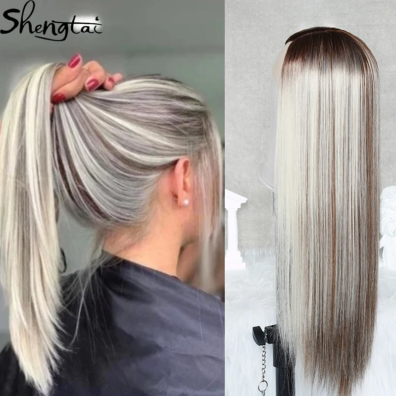 

Ash Blonde Straight Lace Front Wig Long Straight Wig Highlight Wig Ombre Blonde Synthetic Wig Middle Part Wigs For Women Cosplay