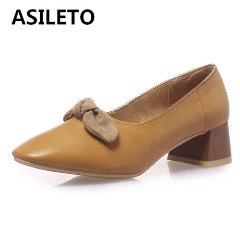 

ASILETO Women Pumps Square Toe Thick Heels Butterfly Knot Slip-on Sweet Plus Size 32-54 Solid Black Pink Apricot Spring S3110
