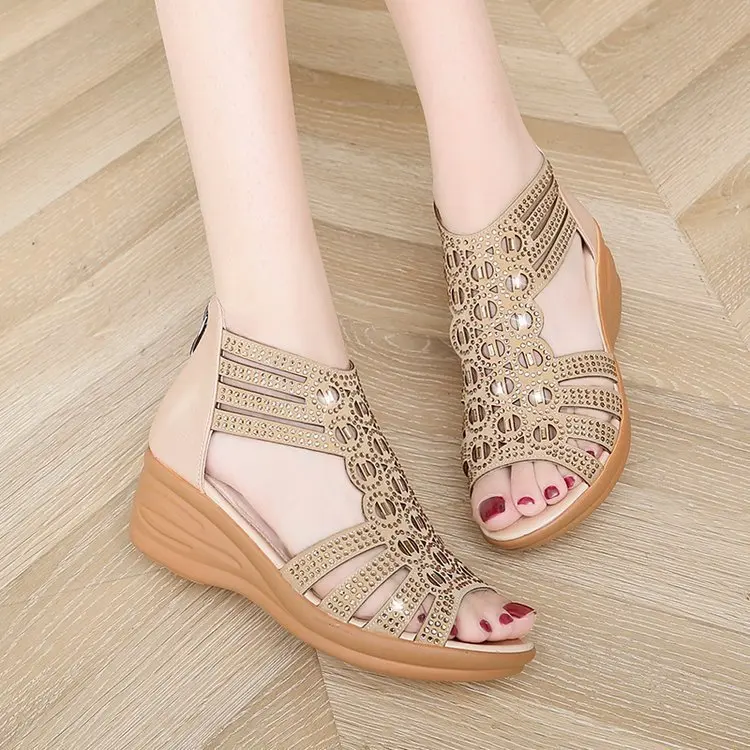 Popular Sandals Women's 2022 New Casual Mom Wedge Sandals Versatile Ladies Rear Zipper Fish Mouth Shoes