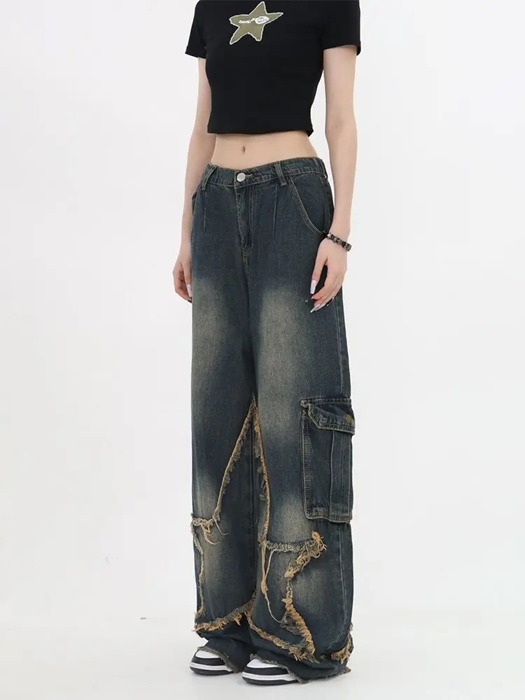 HOUZHOU Vintage Women Cargo Jeans Baggy Star Girl Y2k Grunge 90s Aesthetic Gyaru Denim Trousers Korean Streetwear Hippie Pants