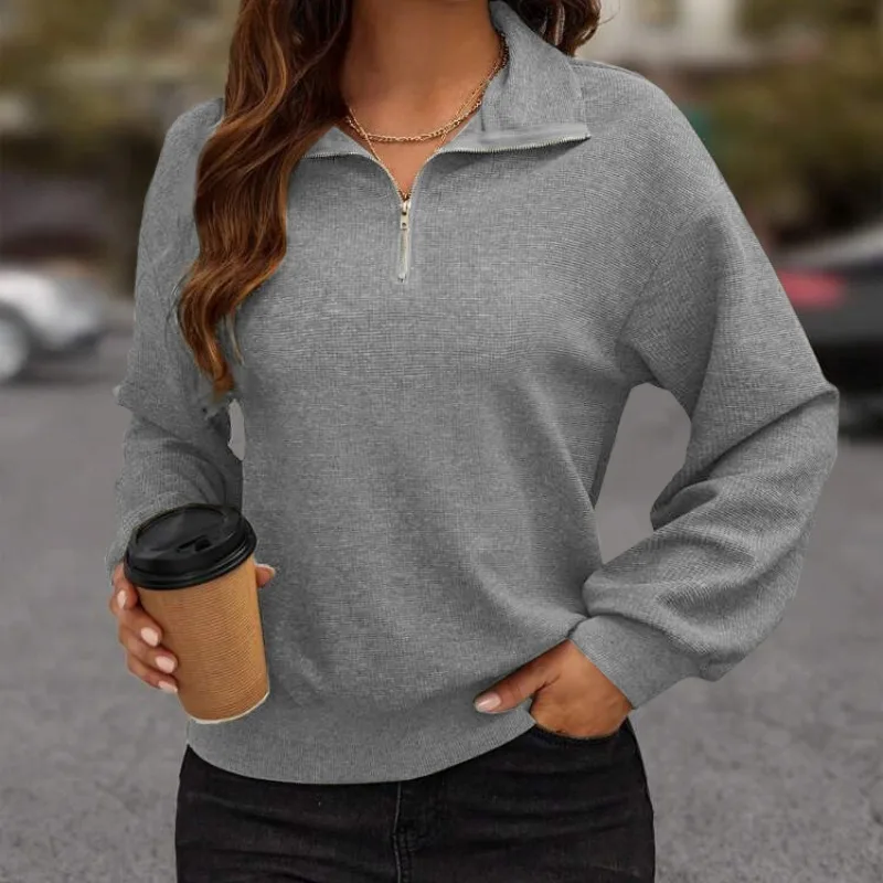 Женский свитер-поло на молнии однотонный Свободный вязаный пуловер винтажная