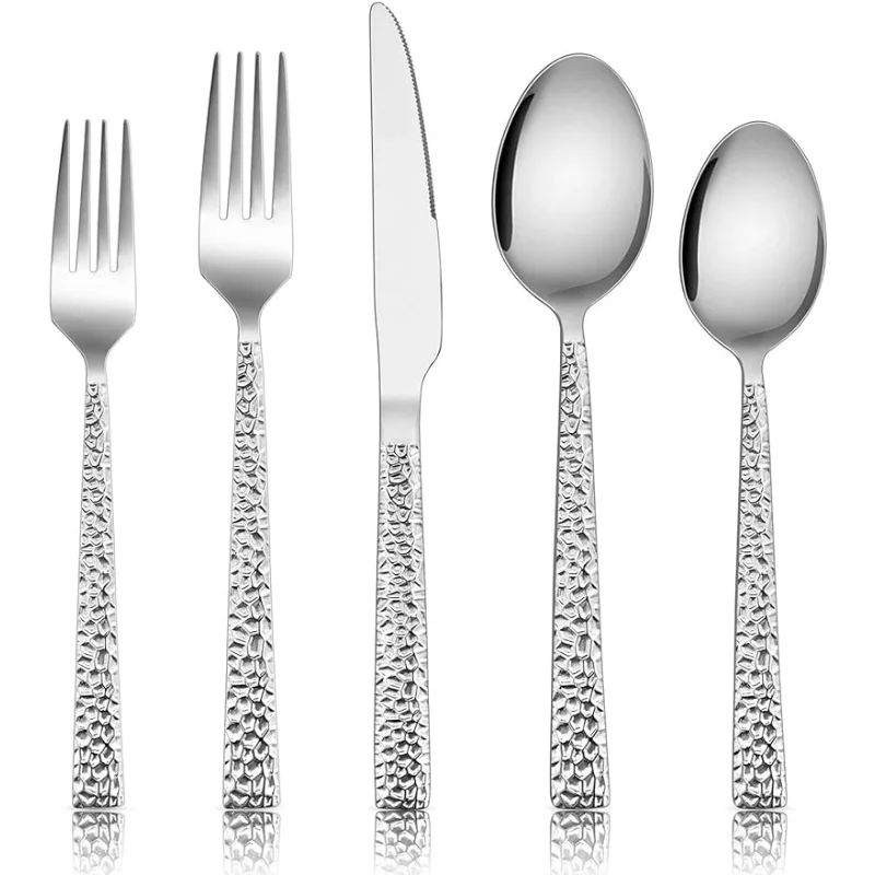 

60-Piece Silverware Set, E-far Hammered Stainless Steel Square Flatware Cutlery Set for 12， Mirror Polished - Dishwasher Safe
