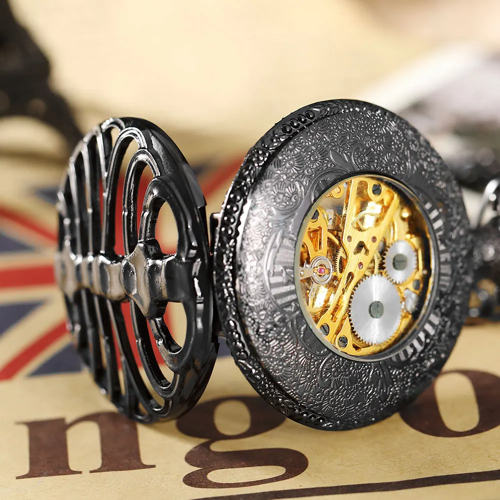 Black Hollow Spine Ribs Style Mechanical Pocket Watch Retro Male Steampunk Skeleton Clock Roman Pocket Watch With Fob Chain Men