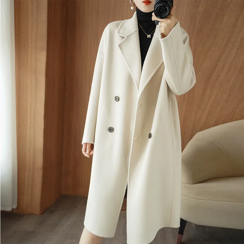 

Белое двухстороннее кашемировое пальто, женское длинное приталенное шерстяное пальто на шнуровке для осени и зимы, новинка 2023