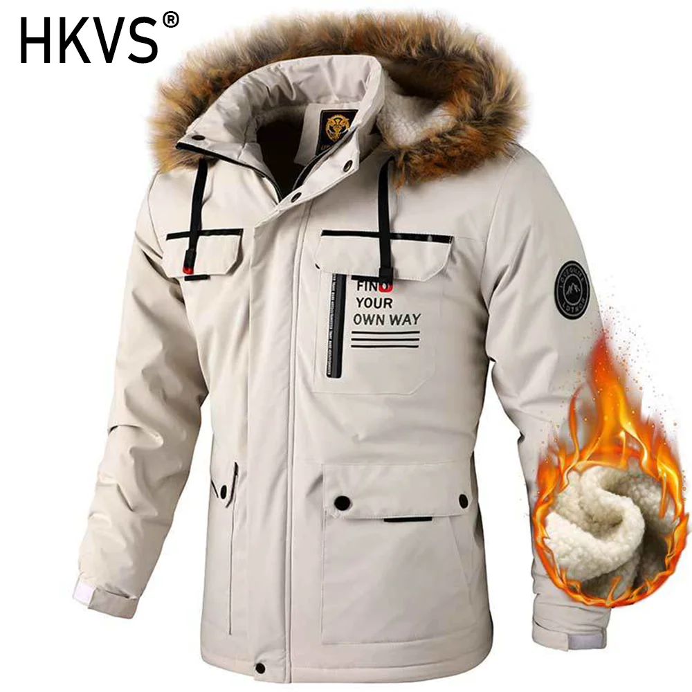 

2023 Men Thick Plush Warm Jacket Outdoor Multiply Pockets Windproof Waterproof Coat Pure Color Military Style Coat Dropshipping