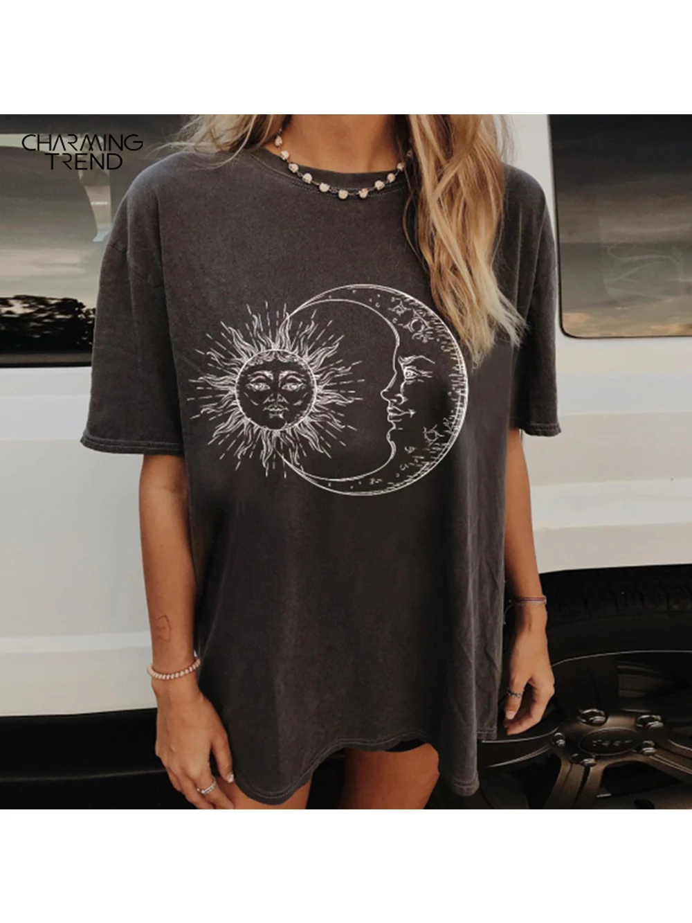 Women Fashion Casual Sun Moon Print Loose Short Sleeve Long T-shirt Ins Vintage Women 2022 Summer Oversize Tee Shirts Tops