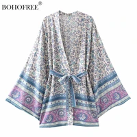 boho vintage floral print hippie beach cover ups 34 sleeve belt lace up rayon cotton bohemian robe kimono bikini blusas