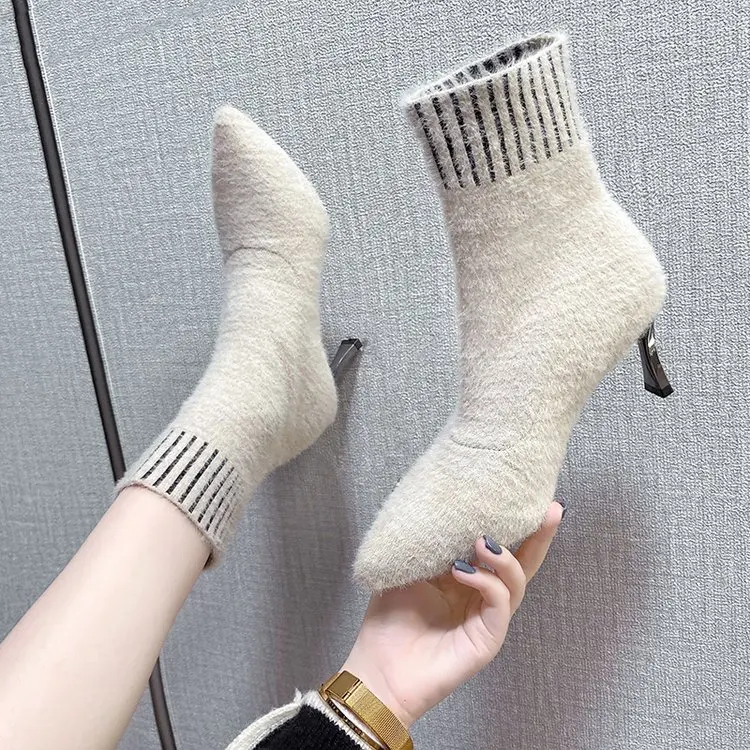 

Shoes Winter Boots With Fur Luxury Designer Boots-Women Plush Rubber High Heel 2022 Fashion Pointy Autumn Ankle Ladies Riding
