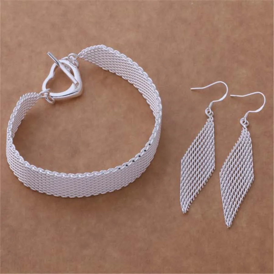 

925 Sterling Silver Beautiful Net Chain Bracelets Earrings for Women Jewelry Sets Fashion Party Wedding Accessories Couple Gifts