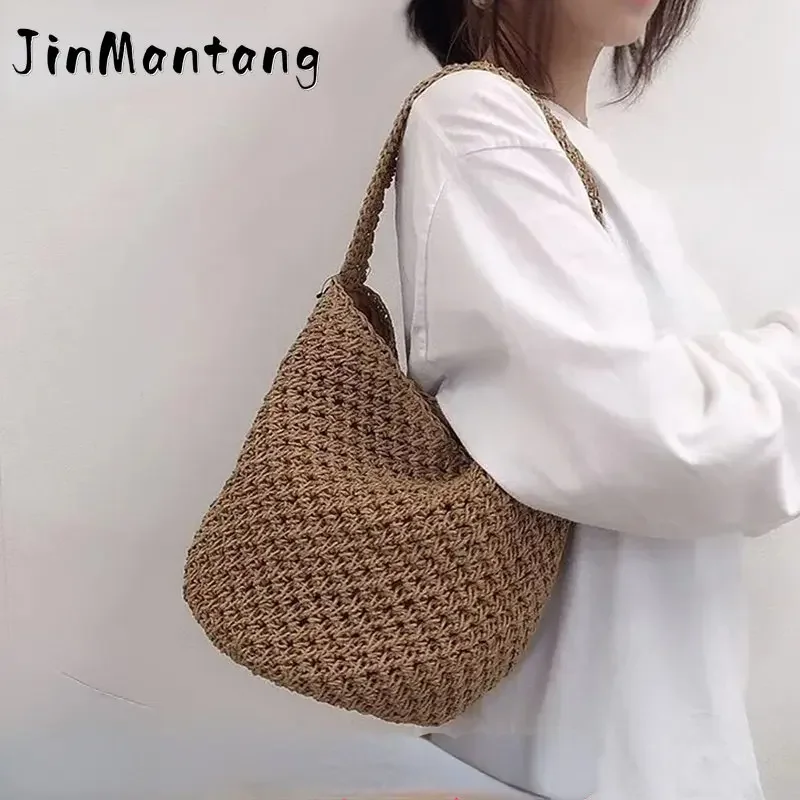 

Summer Handmade Shoulder Bag for Women Bucket Beach Straw Weaving Design Shopper Totes Female Travle Small Handbags sac