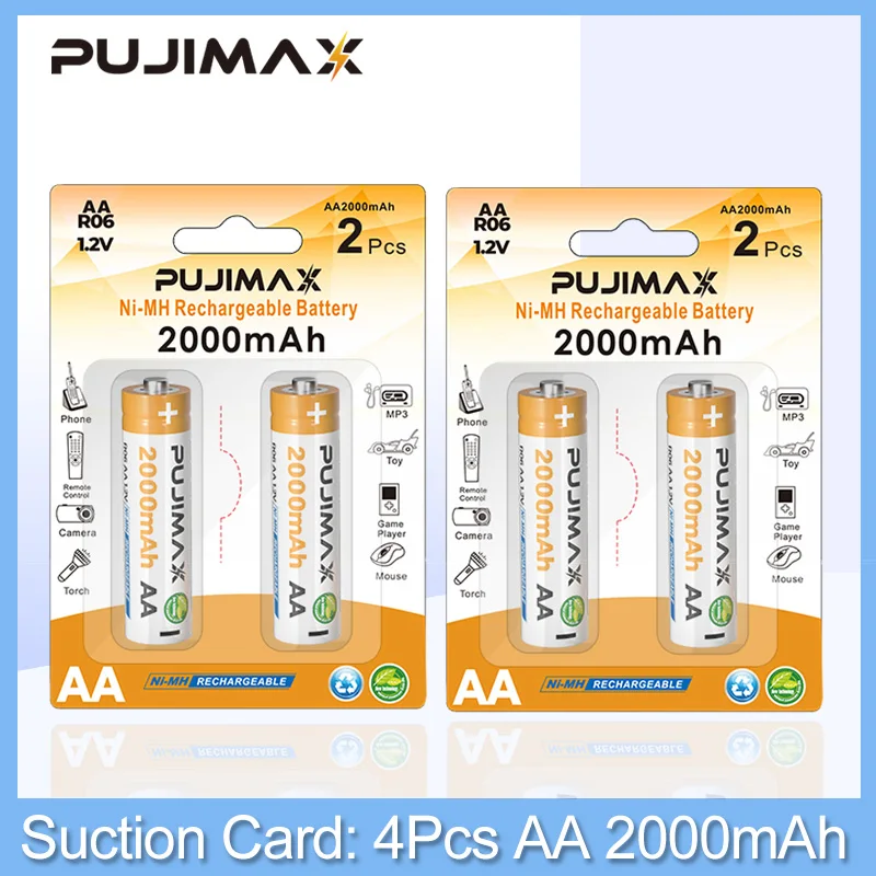 

PUJIMAX 4Pcs 1.2V Rechargeable Battery AA 2000mAh Original High Capacity Ni-MH Battery Universal GamePad Alarm Clock Car Keys