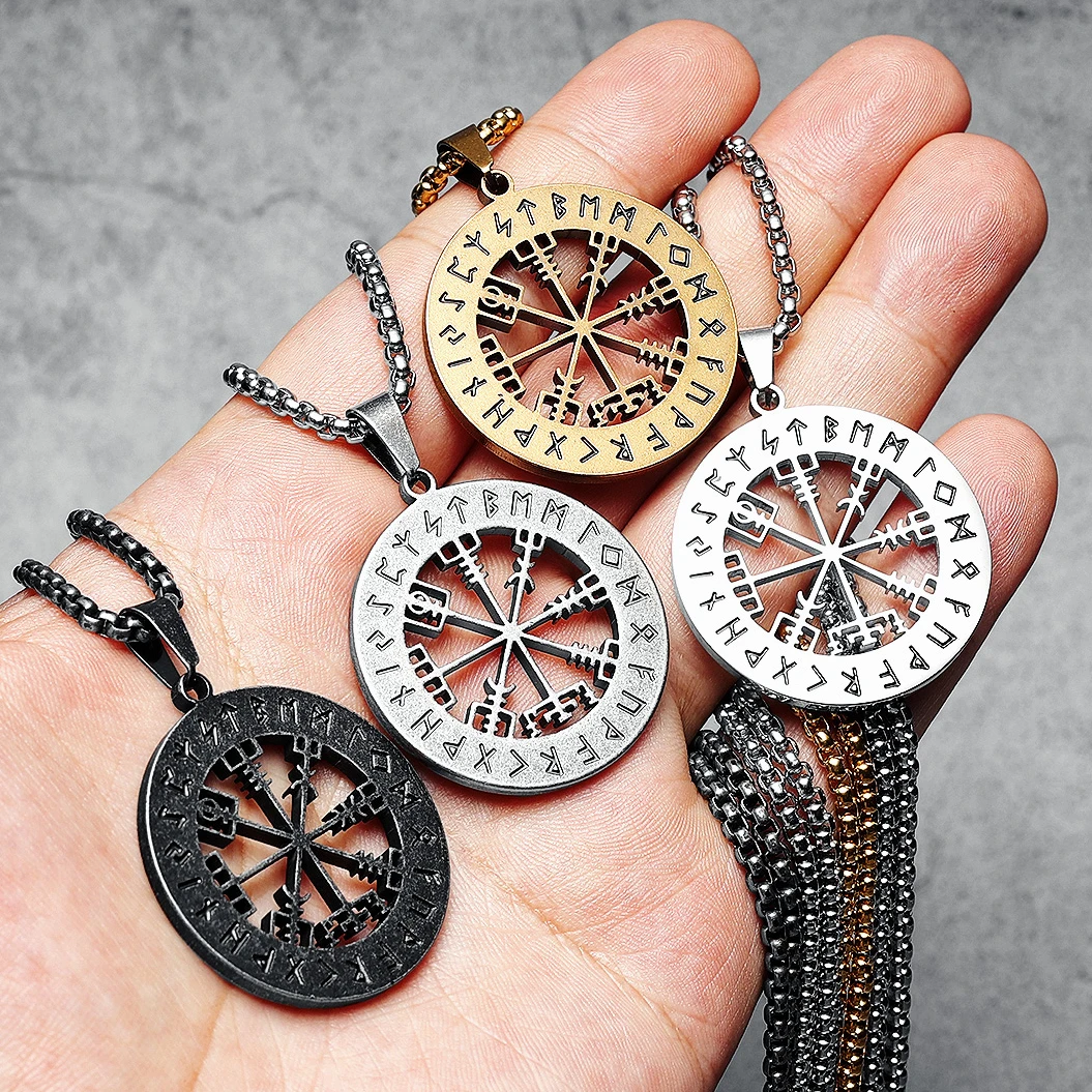 Viking Runes Compass Necklaces 316L Stainless Steel Men Hollow Pendants Chains Punk Rock Rap for Friend Male Jewelry Best Gift