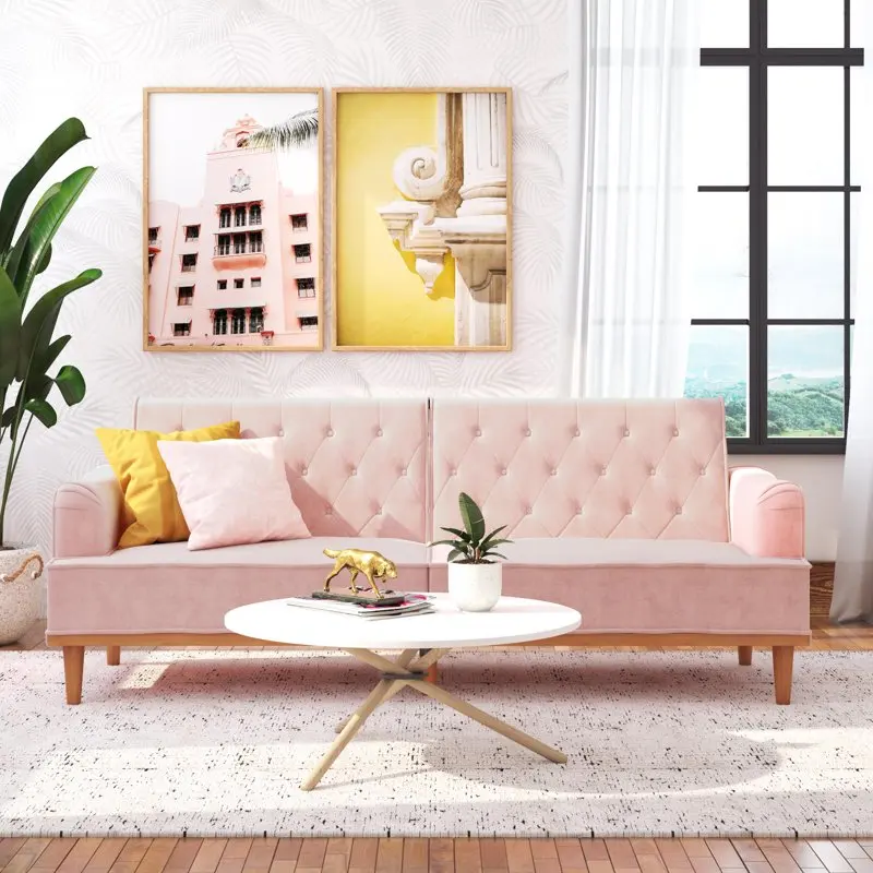 

Vintage Convertible Sofa Bed Futon, Pink Velvet
