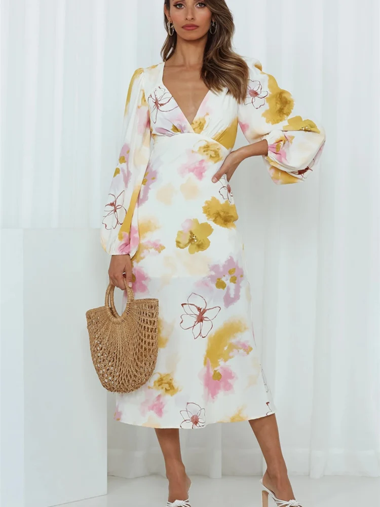 

Mandylandy Women Elegant Autumn Floral Print Bohemian Dress Fashion Female Y2K Long Sleeve V Neck Vacation Dress Streetwear