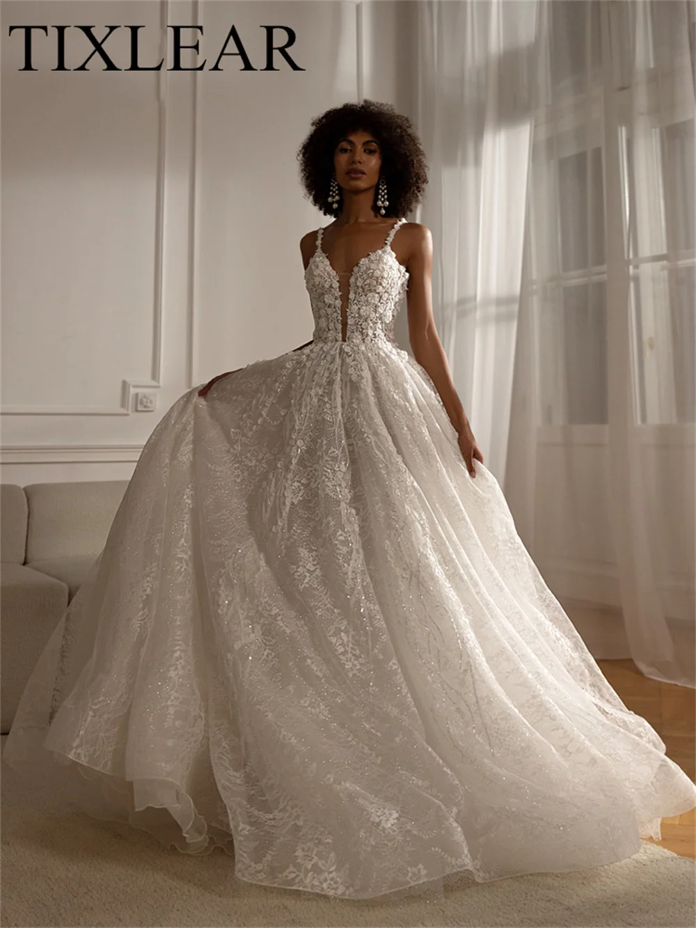 Doymeny сверкающие трапециевидные Свадебные платья с глубоким V-образным вырезом Oragnza с вышивкой 3D цветы спагетти двор 2023 Robe Bride