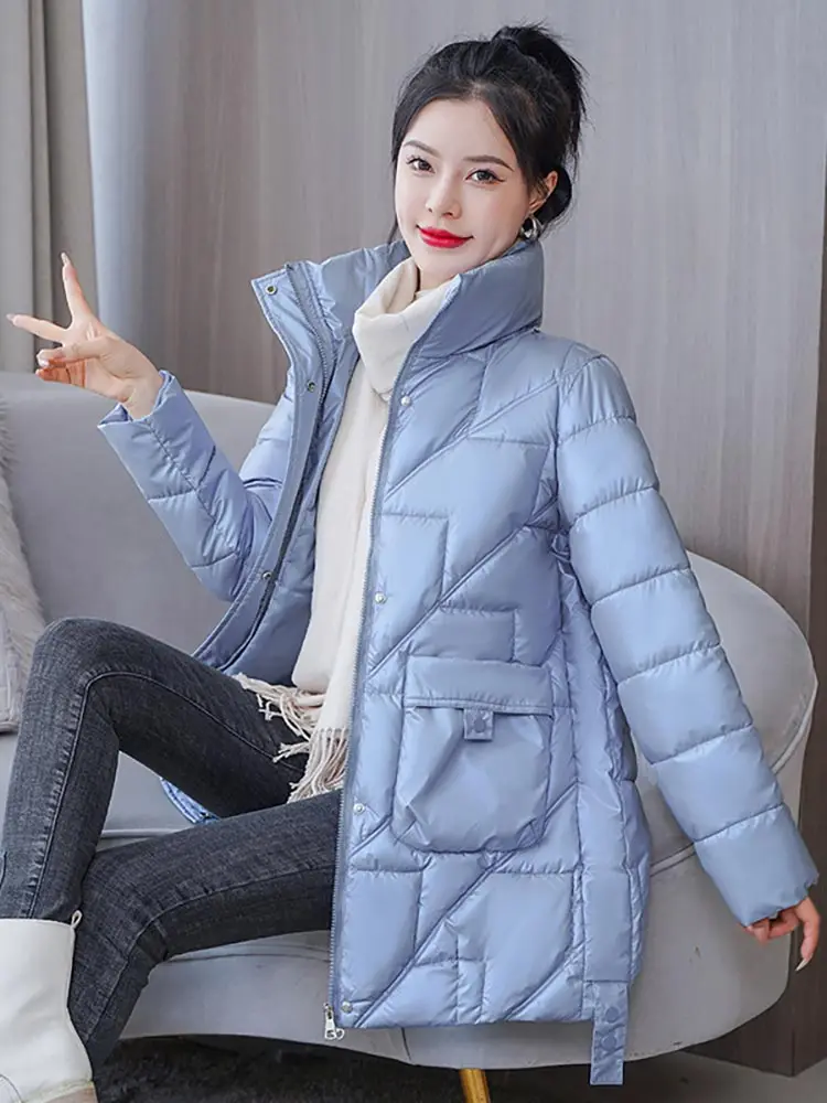 Vielleicht 2022 New Cotton Padded Parkas Stand Collar Shiny Down Winter Jacket Women Thick Warm Coat Female Clothing Outerwear