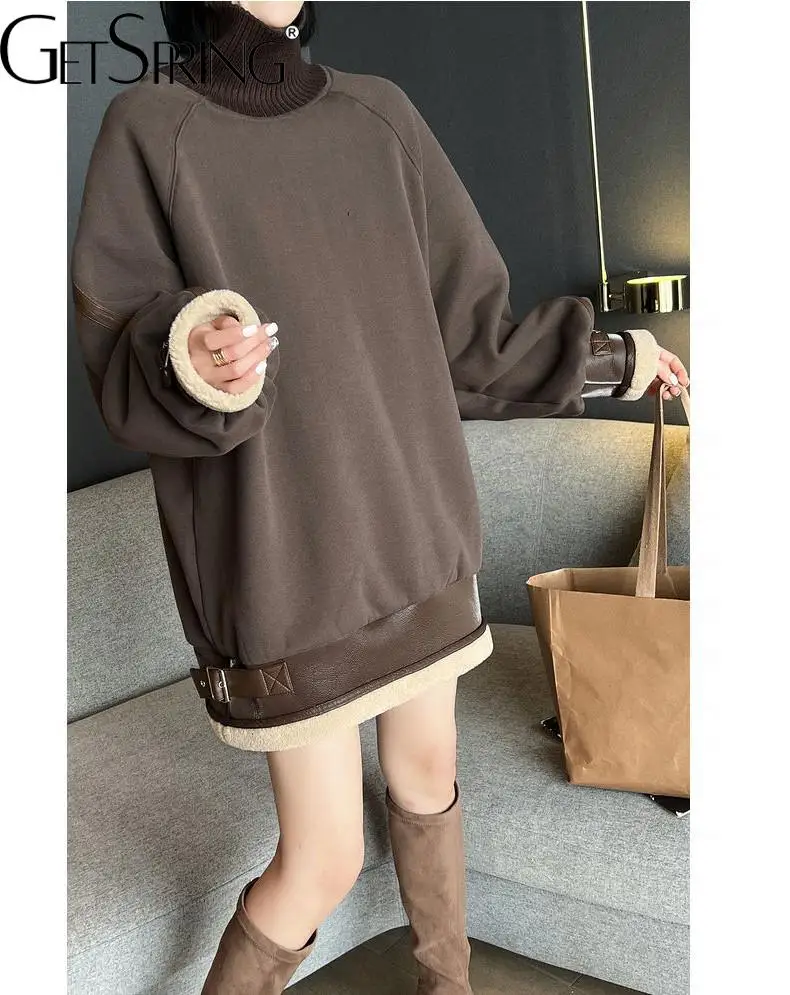

GetSpring Women Hoodies Patchwork Turtleneck Sweatshirt Pullovers Full Sleeve Loose Leisure Long All Match Female Tops 2022 New