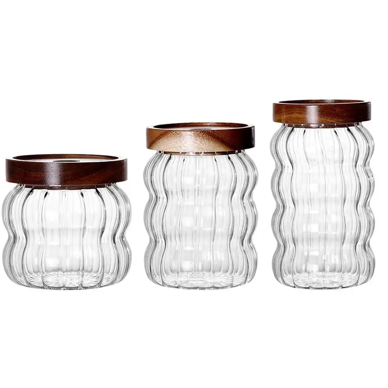 3pcs Glass Jar Storage Bottles Airtight Canister Sealed Food Container With Wood Lid For Grains Flour Tea Coffee Beans
