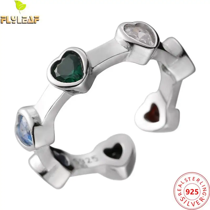 

925 Sterling Silver Jewelry Colorful Zircon Heart Open Rings For Women Platinum Plating Original Design Femme Popular Accessorie