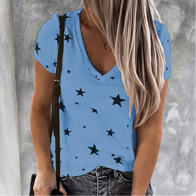 

Summer Star 3D Print T-shirt Women Y2k Tops Streetwear Harajuku Short Sleeve T Shirts V-Neck Tees Woman Girls Oversized Clothing