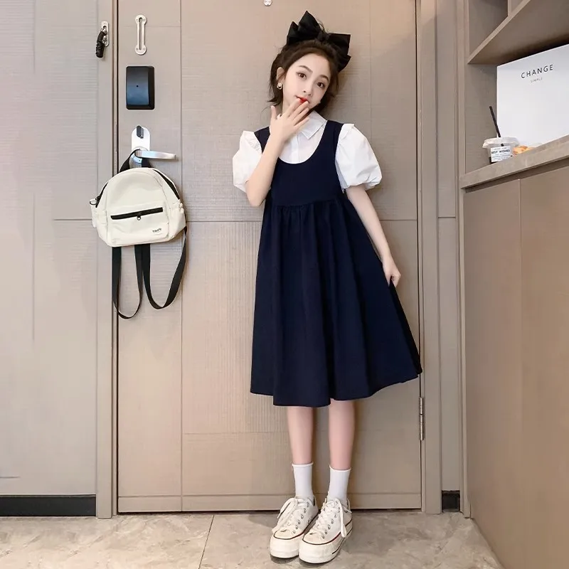 

2023 Summer New Girls A-LINE Dress Cotton Teens Casual Dresses Patchwork Baby Clothes Toddler blouse overalls jumper 12 15 year