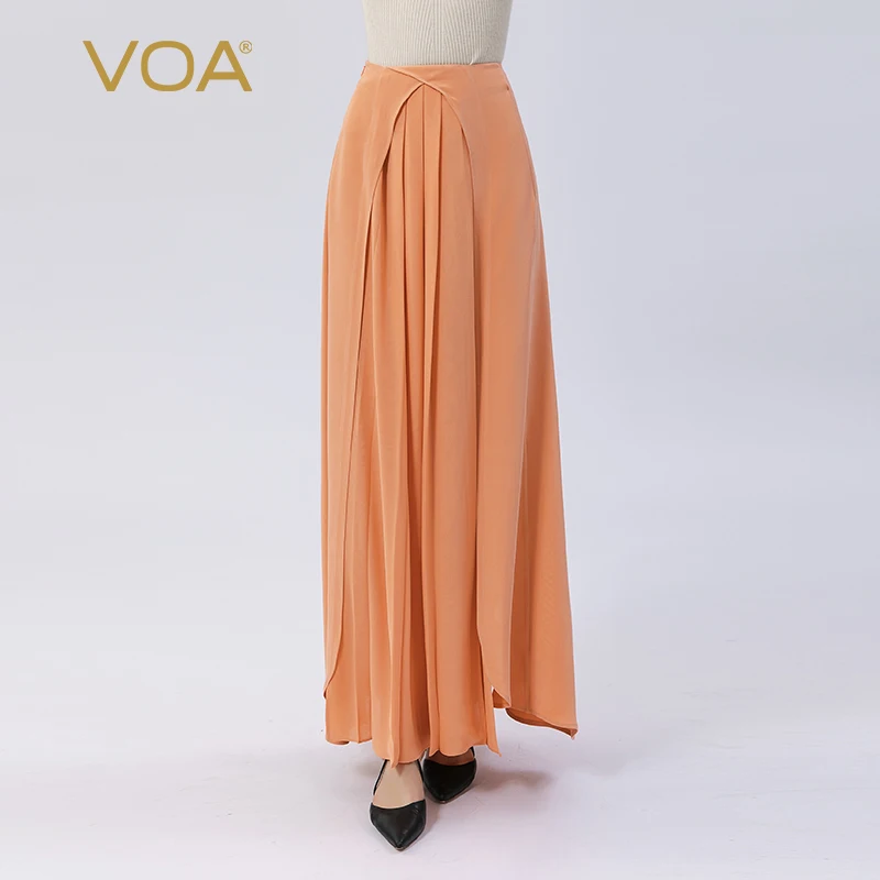 

VOA Elegant Ruffles Solid Silk Maxi Skirt Autumn Office Ladies Natural Waist Hidden Side Zipper A-Line Long Woman Skirts CE126