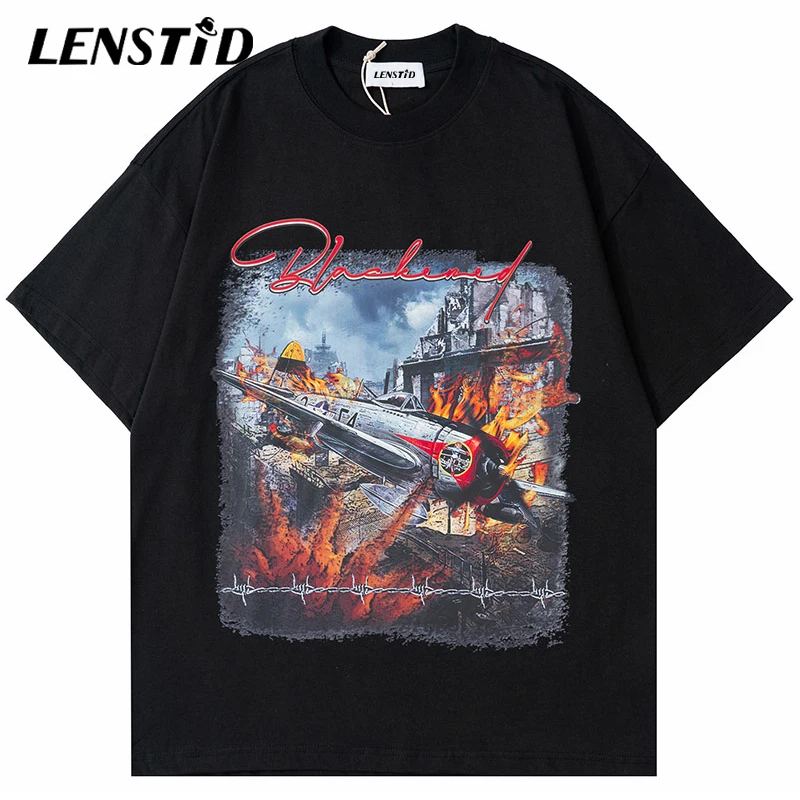 

Футболка LENSTID мужская оверсайз с коротким рукавом, уличная одежда в стиле хип-хоп, с принтом пламени и самолета, хлопковая Повседневная руба...