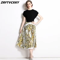 high quality summer elegant womens chic black knitted sweater tophigh waist vintage pleated printing skirt two pieces set suit