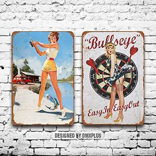 

Metal Sign (Set of 2) Tin Signs Bullseye Easy in Easy Out Sexy Pinup Girl Vintage Look Wall Decoration Home Decor Plaque