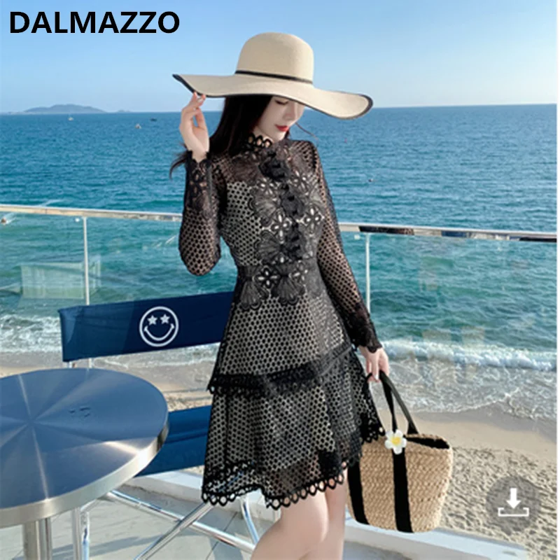 

DALMAZZO 2022 New Spring Designer Lace Hollow Black Slim Dress Women Fashion Long Sleeve High Waist Holiday Vestidos Clothes