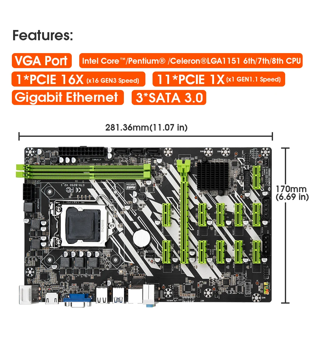 Материнская плата B250 для майнинга материнская 12GPU 12PCI-E 16X LGA 1151 DDR4 PC RAMSATA3.0