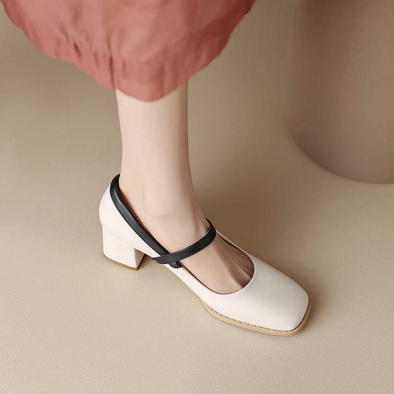 32-43 large size spring and autumn square head women's shoes cow leather thin belt buckle high heel thick heel women's shoes